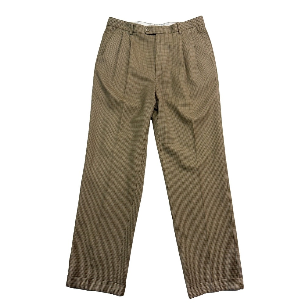 vtg Zanella Italy 33x32 Tan Houndstooth Dress Pants Trousers Bennett Pleated